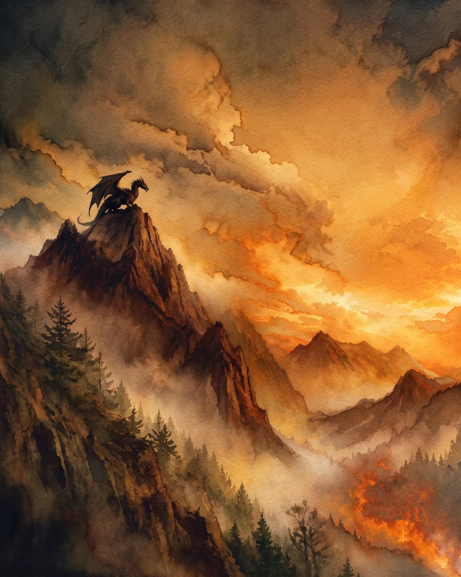 Un dragón posado en una cresta al atardecer