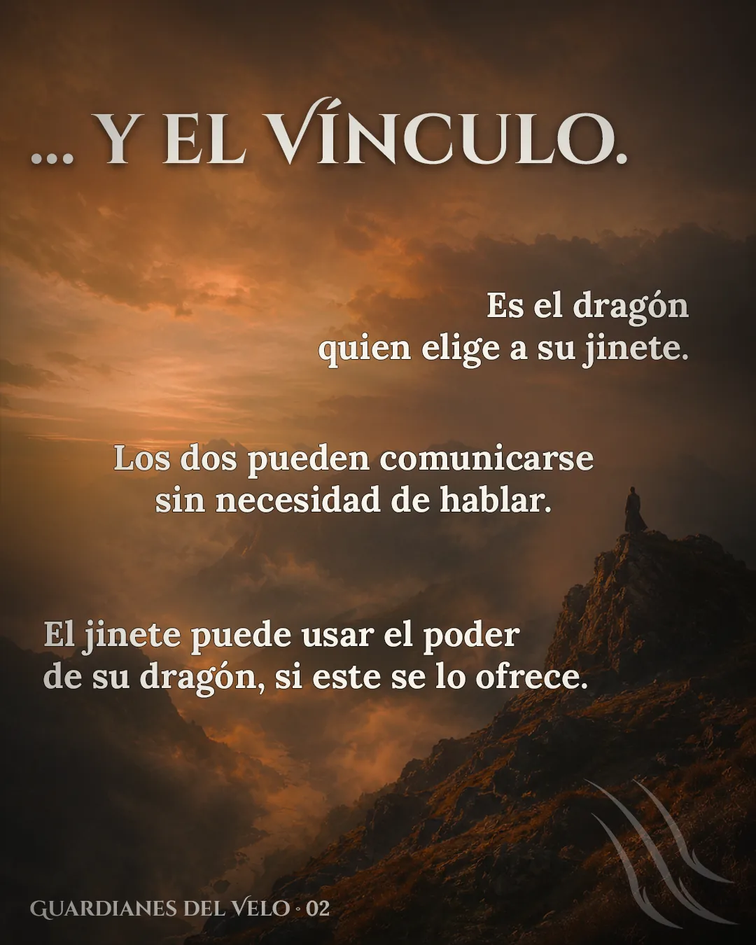 Continuación de la misma escena: una figura solitaria de pie en lo alto de un risco, frente a un valle cubierto de nubes bajo el mismo cielo anaranjado.