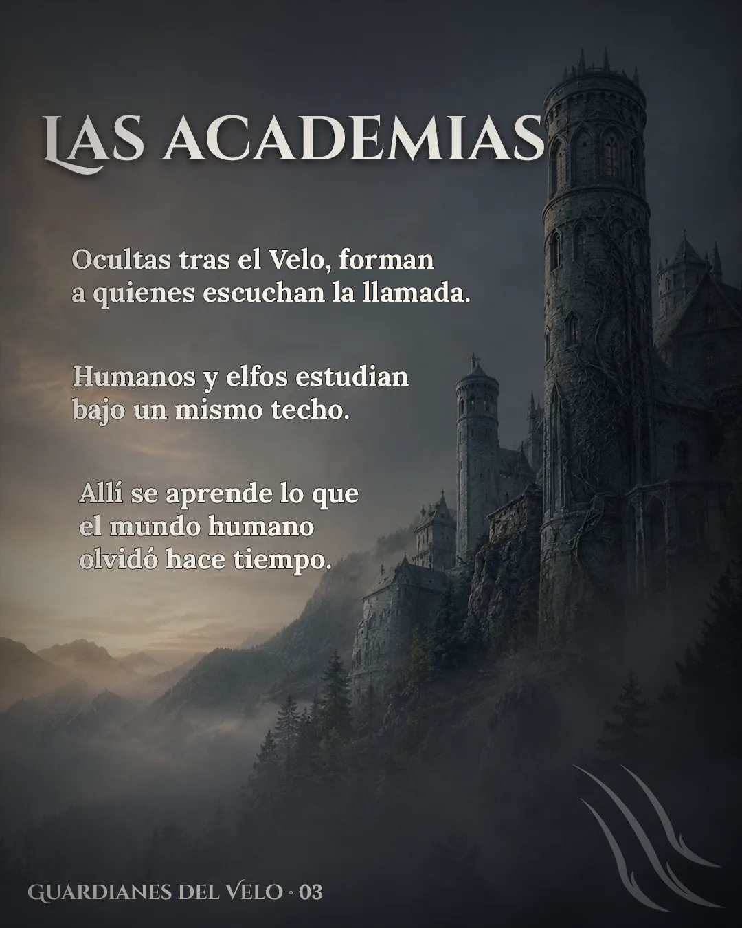 Un castillo de torres altas y piedra oscura, cubierto de enredaderas, en lo alto de un acantilado envuelto en niebla, con montañas al fondo.